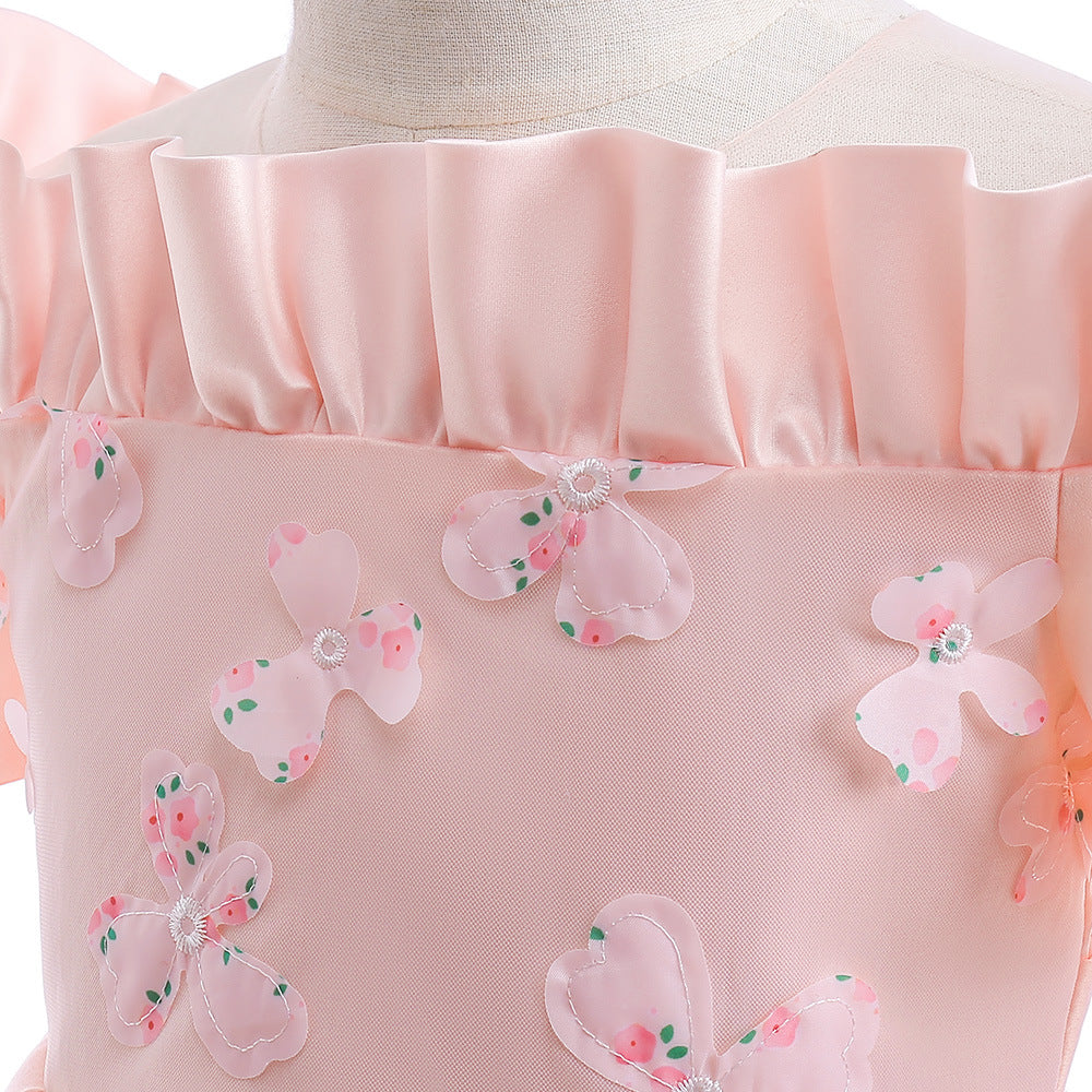 Girls' Off Shoulder Satin Princess Dress – Ruffle & Flower Tea Length Party Gown