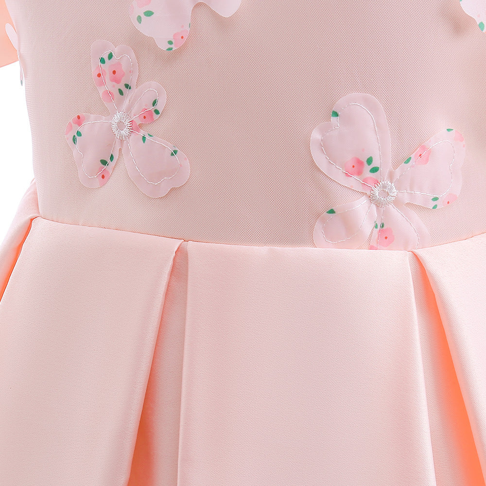 Girls' Off Shoulder Satin Princess Dress – Ruffle & Flower Tea Length Party Gown