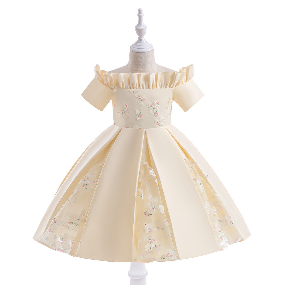 Girls' Off Shoulder Satin Princess Dress – Ruffle & Flower Tea Length Party Gown