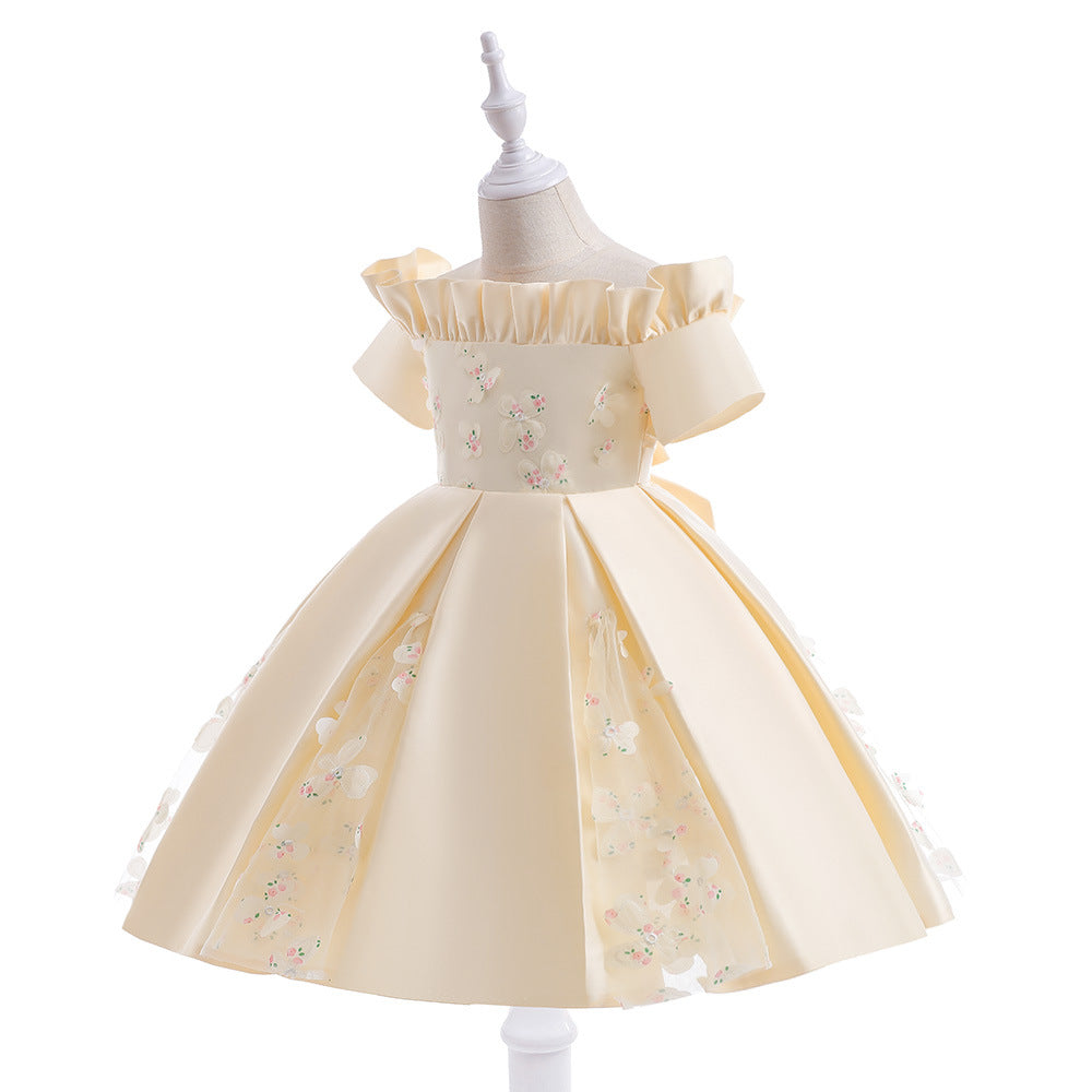 Girls' Off Shoulder Satin Princess Dress – Ruffle & Flower Tea Length Party Gown