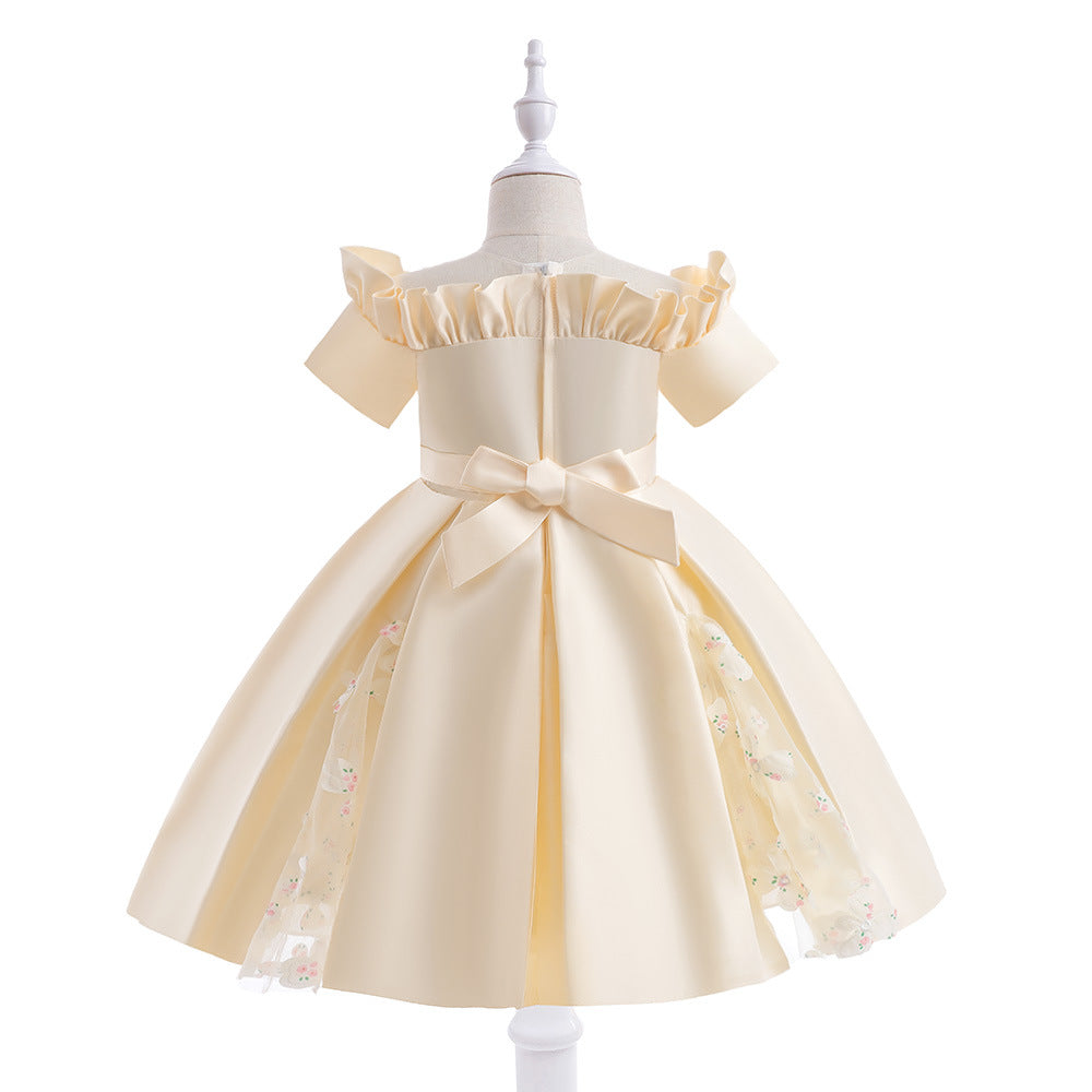 Girls' Off Shoulder Satin Princess Dress – Ruffle & Flower Tea Length Party Gown