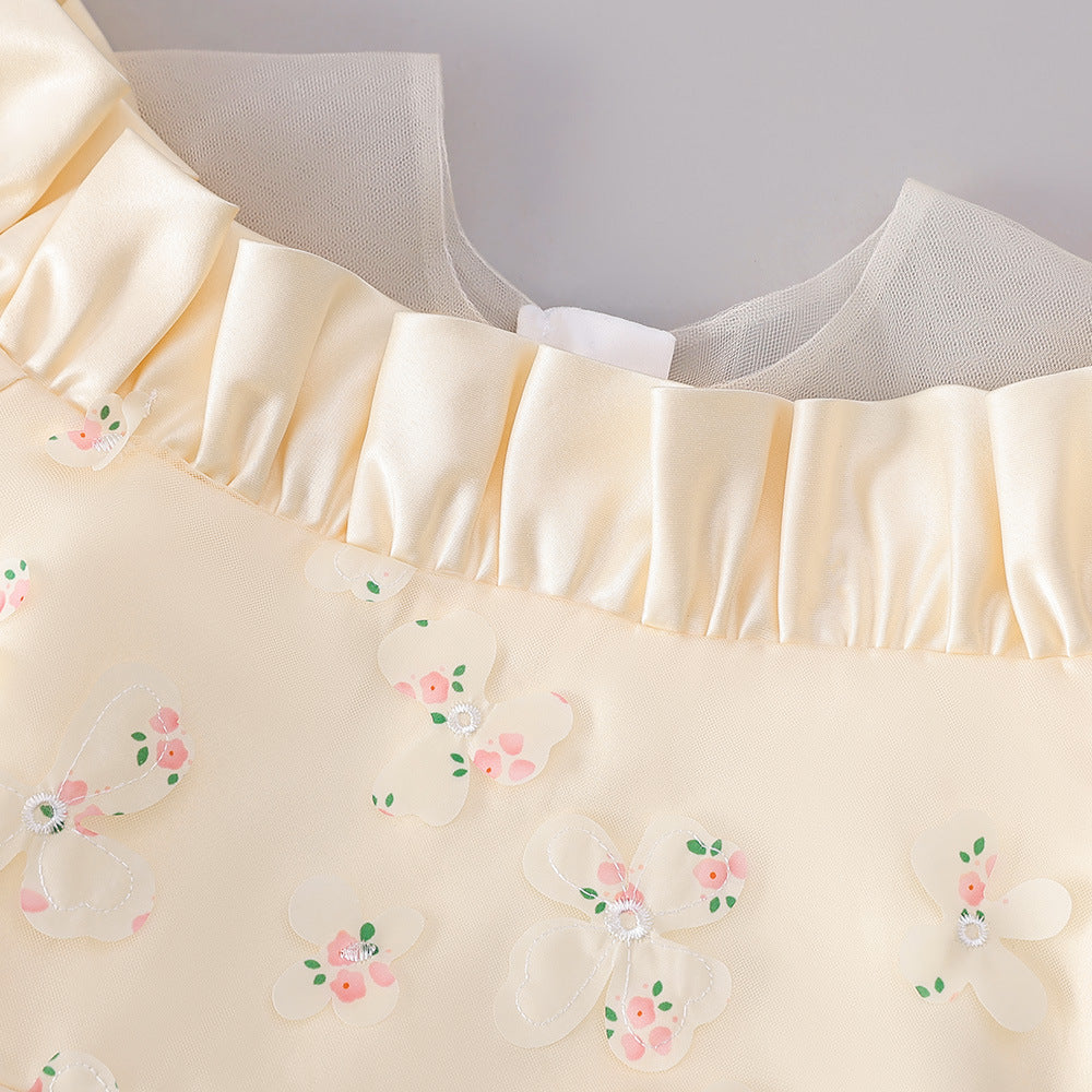 Girls' Off Shoulder Satin Princess Dress – Ruffle & Flower Tea Length Party Gown
