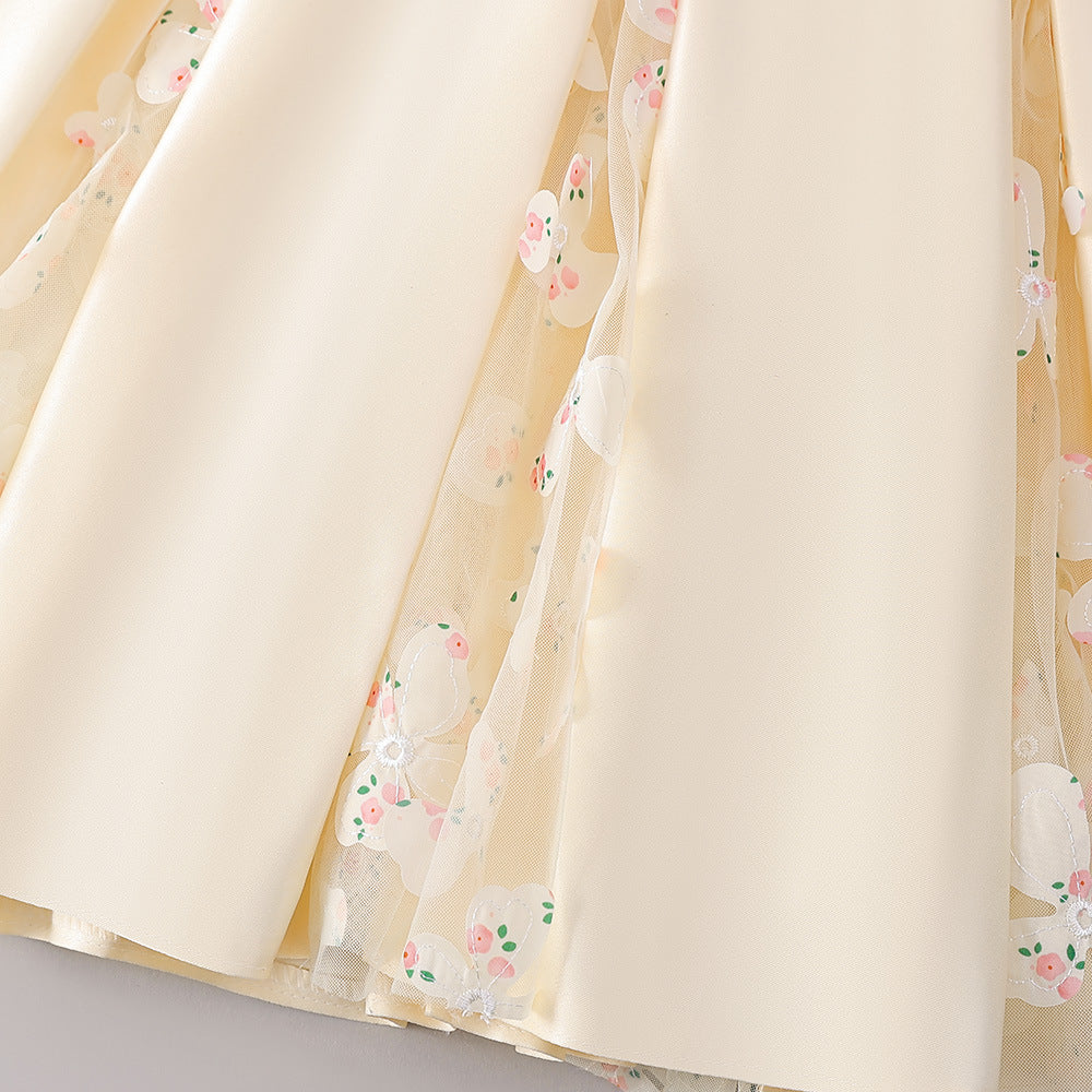 Girls' Off Shoulder Satin Princess Dress – Ruffle & Flower Tea Length Party Gown