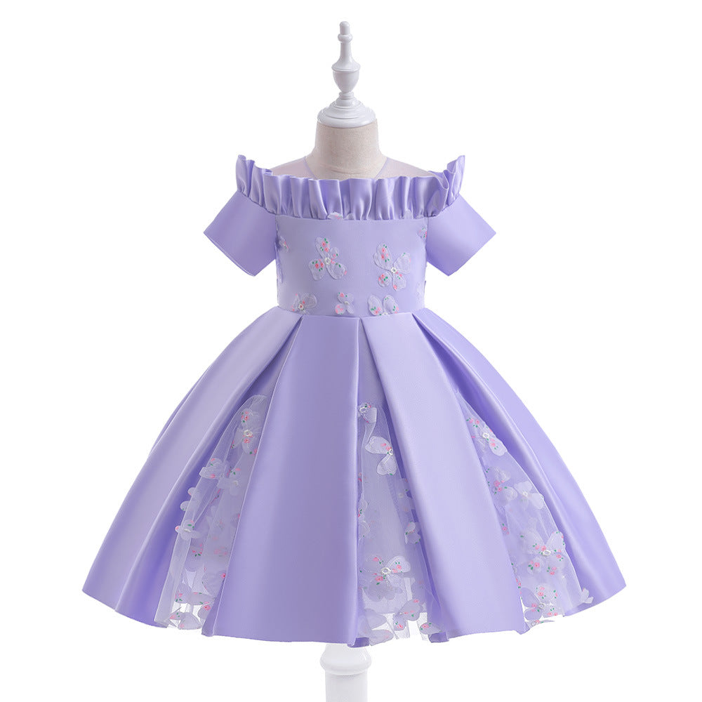 Girls' Off Shoulder Satin Princess Dress – Ruffle & Flower Tea Length Party Gown