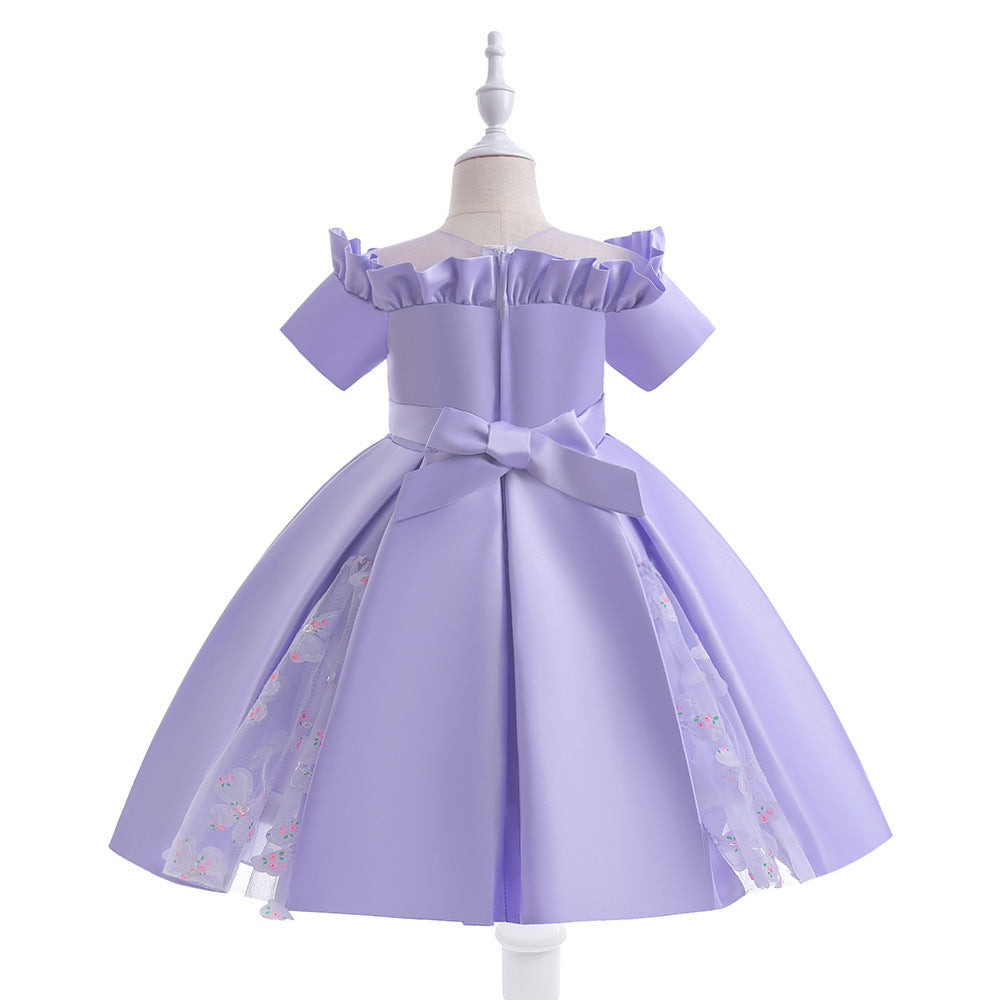Girls' Off Shoulder Satin Princess Dress – Ruffle & Flower Tea Length Party Gown