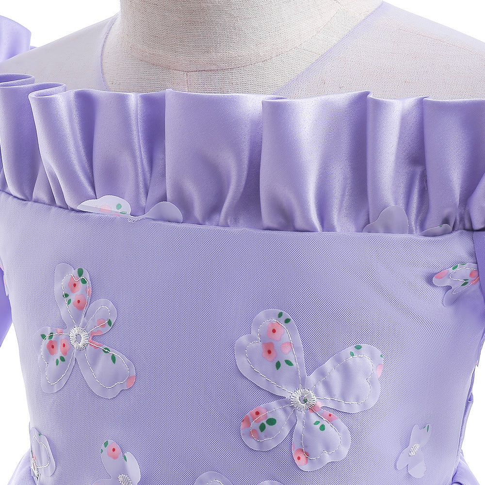 Girls' Off Shoulder Satin Princess Dress – Ruffle & Flower Tea Length Party Gown