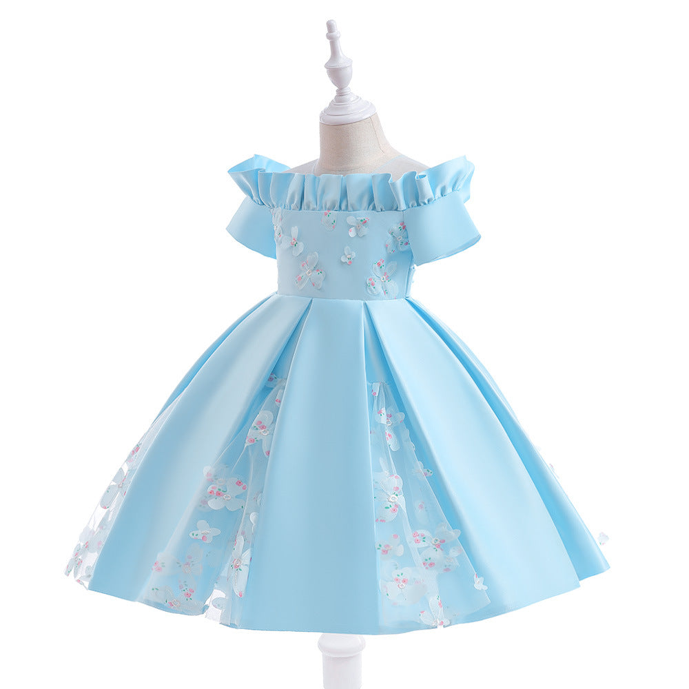 Girls' Off Shoulder Satin Princess Dress – Ruffle & Flower Tea Length Party Gown