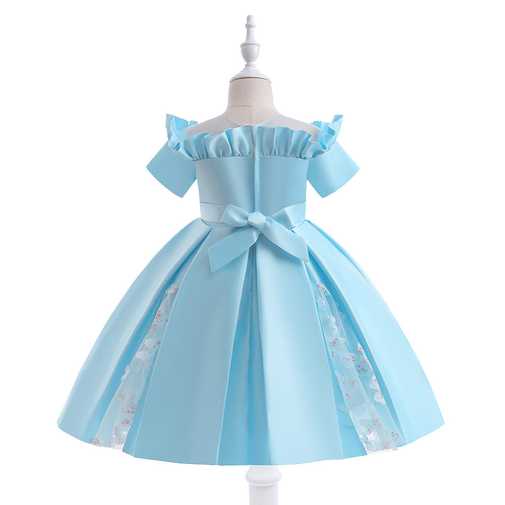 Girls' Off Shoulder Satin Princess Dress – Ruffle & Flower Tea Length Party Gown