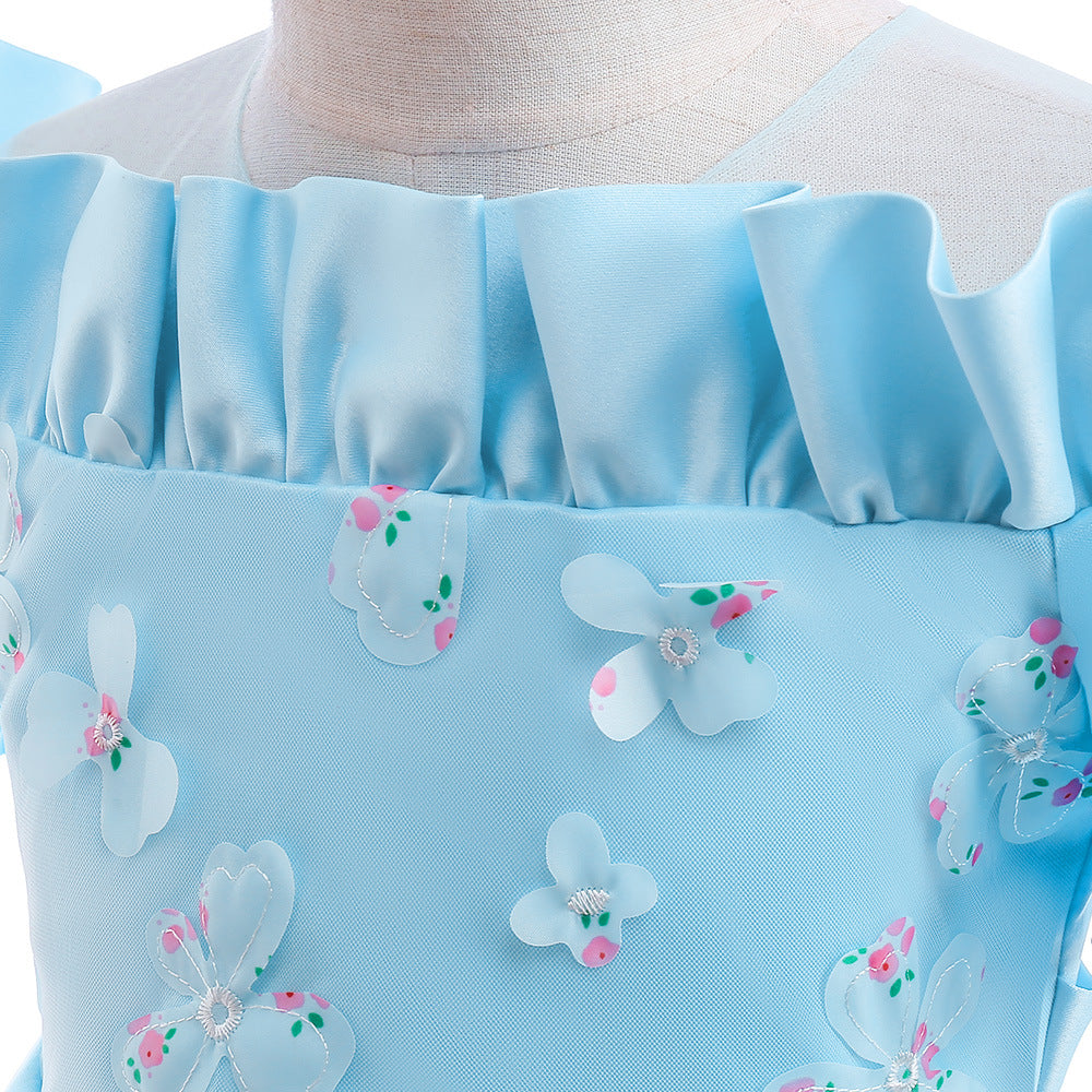 Girls' Off Shoulder Satin Princess Dress – Ruffle & Flower Tea Length Party Gown