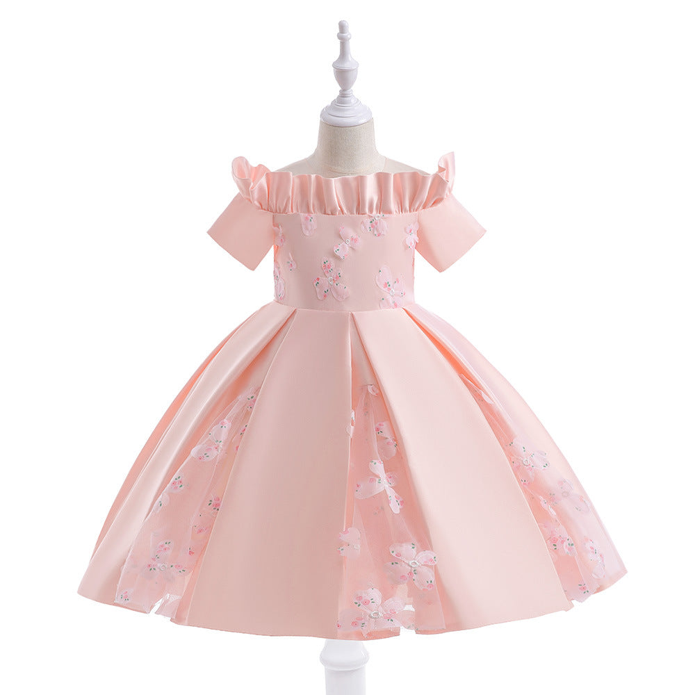 Girls' Off Shoulder Satin Princess Dress – Ruffle & Flower Tea Length Party Gown