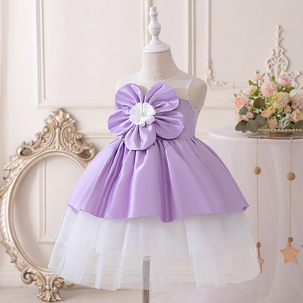 Purple Off Shoulder Tiered Satin Dress for Girls, Tea Length Party & Wedding