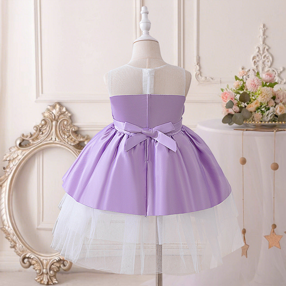 Purple Off Shoulder Tiered Satin Dress for Girls, Tea Length Party & Wedding