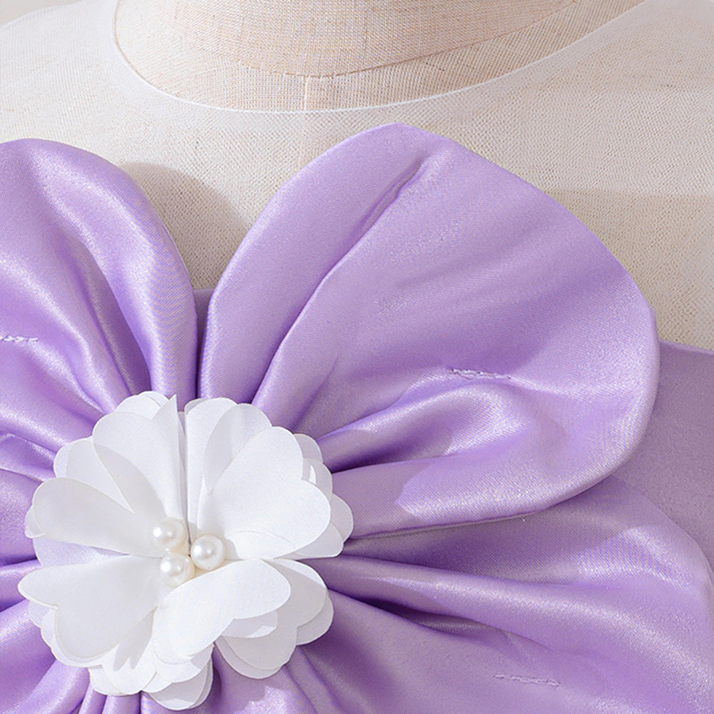 Purple Off Shoulder Tiered Satin Dress for Girls, Tea Length Party & Wedding