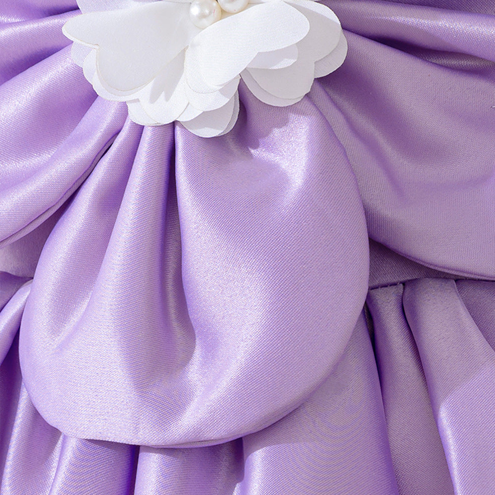 Purple Off Shoulder Tiered Satin Dress for Girls, Tea Length Party & Wedding