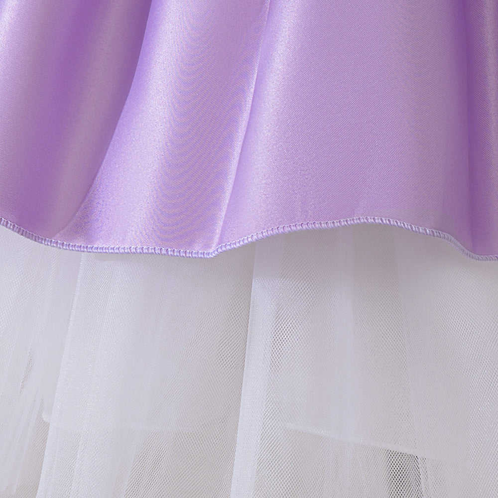 Purple Off Shoulder Tiered Satin Dress for Girls, Tea Length Party & Wedding
