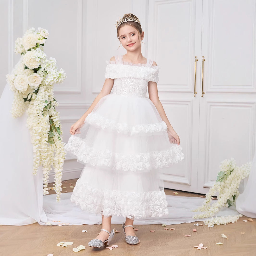 Off Shoulder Tiered Tulle Princess Dress for Girls - Maxi White Formal Gown