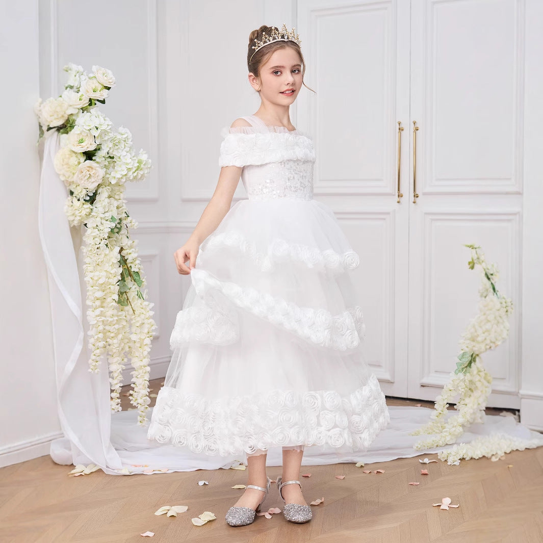 Off Shoulder Tiered Tulle Princess Dress for Girls - Maxi White Formal Gown