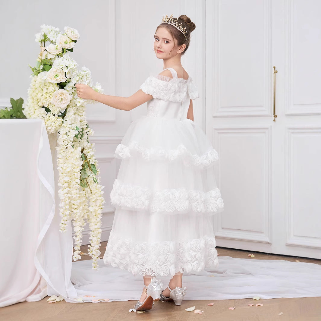 Off Shoulder Tiered Tulle Princess Dress for Girls - Maxi White Formal Gown
