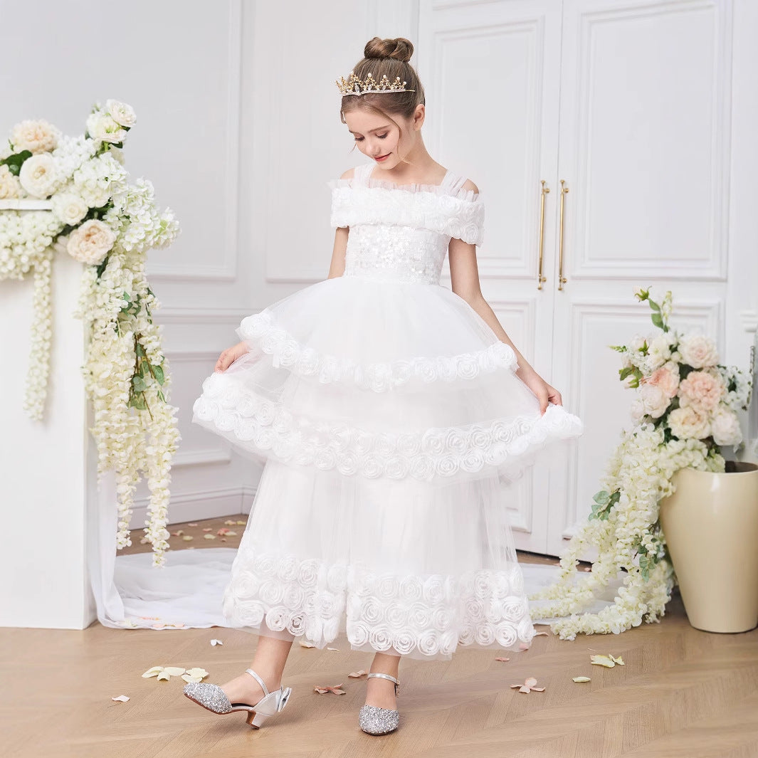 Off Shoulder Tiered Tulle Princess Dress for Girls - Maxi White Formal Gown