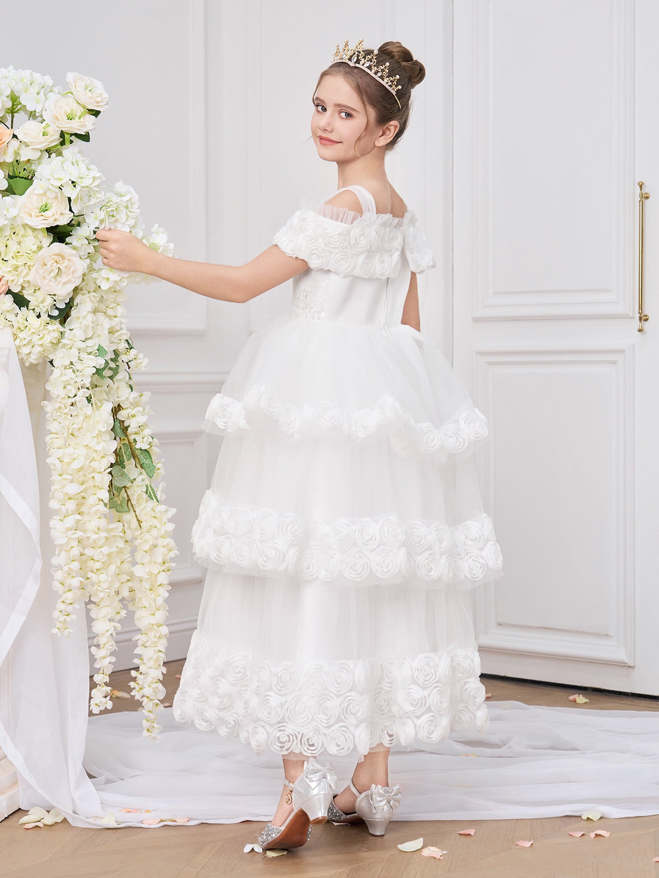 Off Shoulder Tiered Tulle Princess Dress for Girls - Maxi White Formal Gown