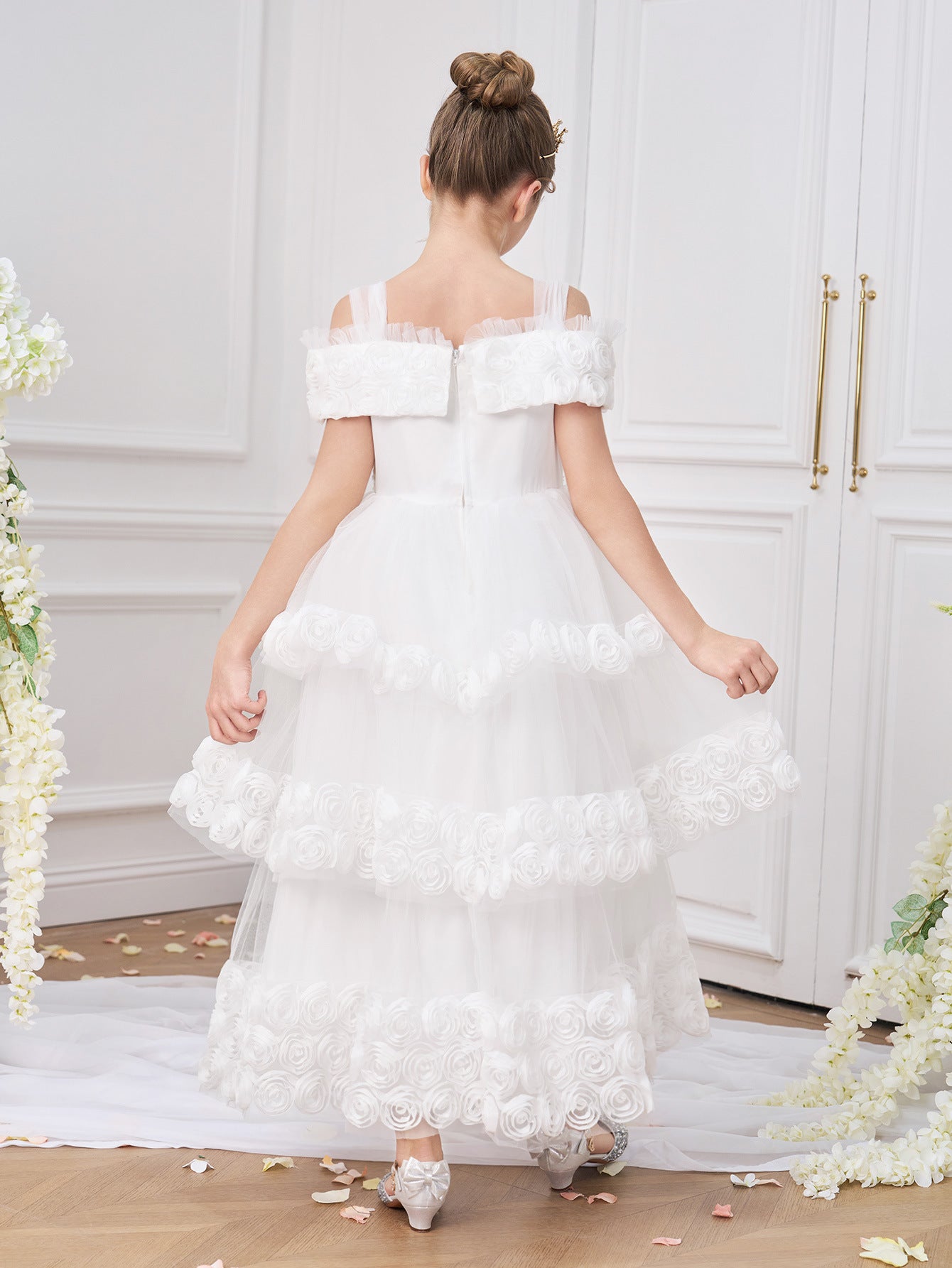 Off Shoulder Tiered Tulle Princess Dress for Girls - Maxi White Formal Gown