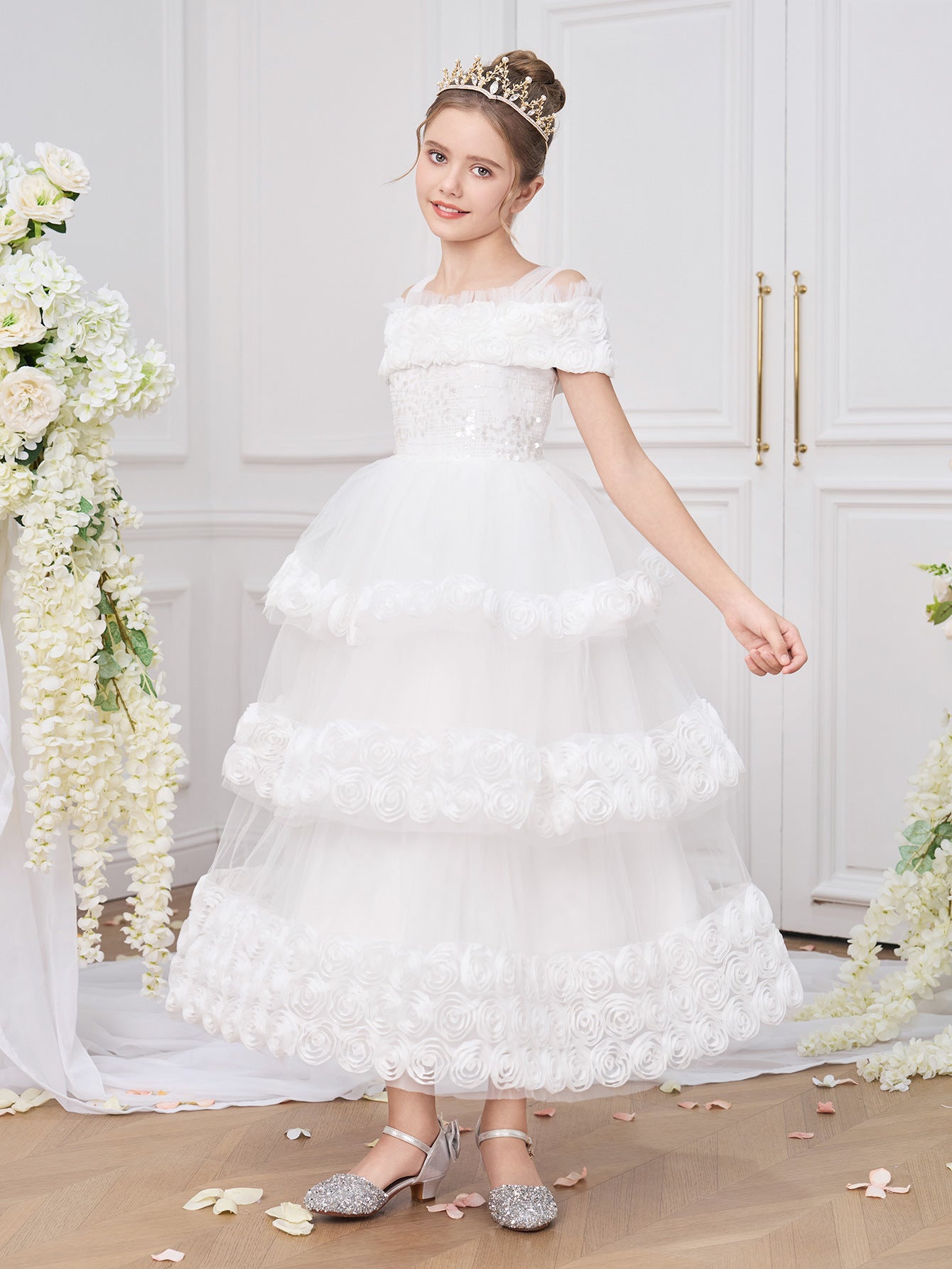 Off Shoulder Tiered Tulle Princess Dress for Girls - Maxi White Formal Gown