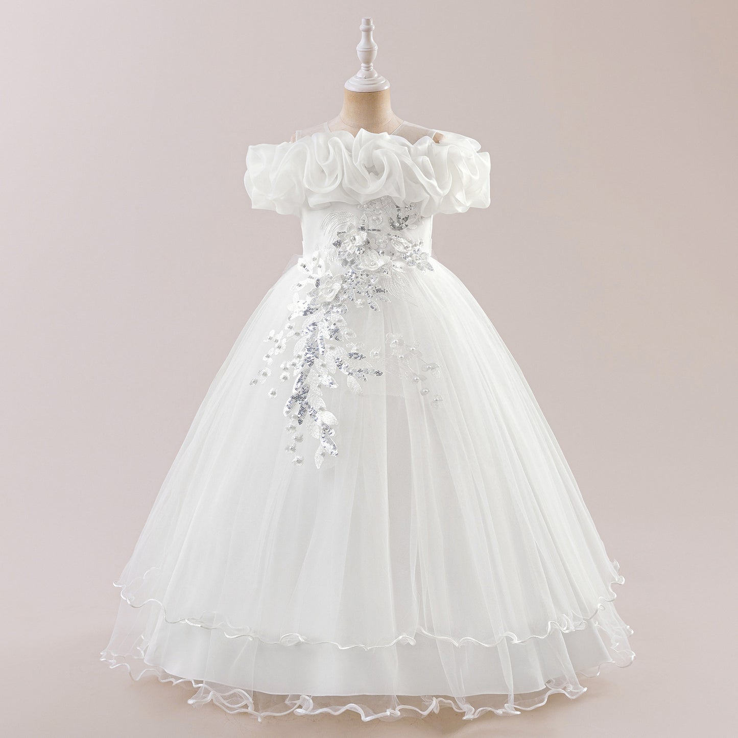 Off Shoulder A-line Tulle Princess Dress for Girls | Maxi Flower Girl Gown