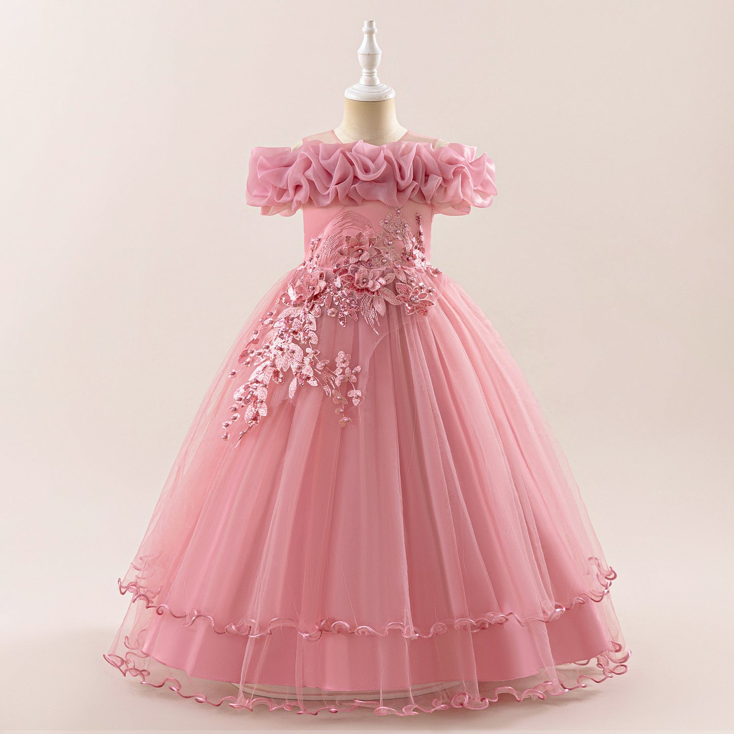 Off Shoulder A-line Tulle Princess Dress for Girls | Maxi Flower Girl Gown