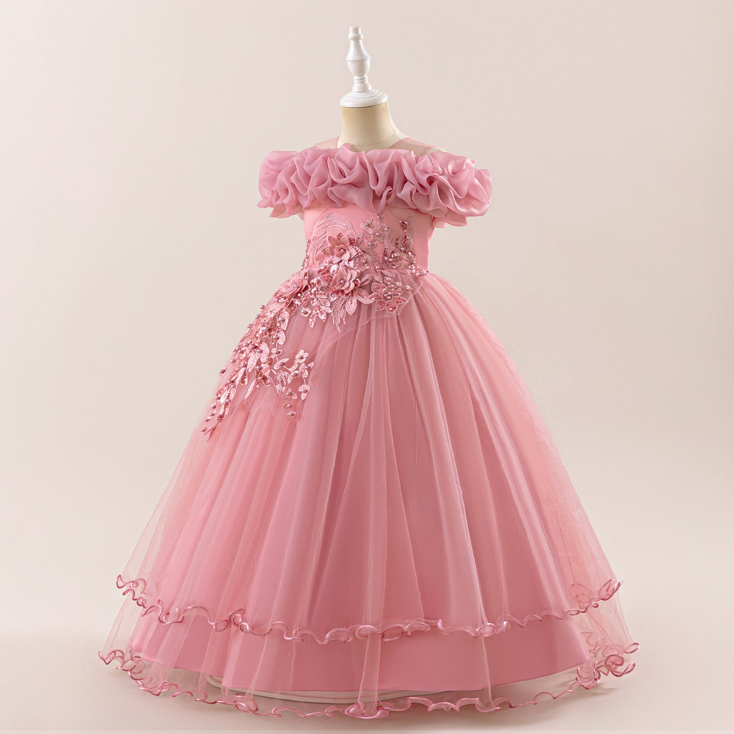 Off Shoulder A-line Tulle Princess Dress for Girls | Maxi Flower Girl Gown