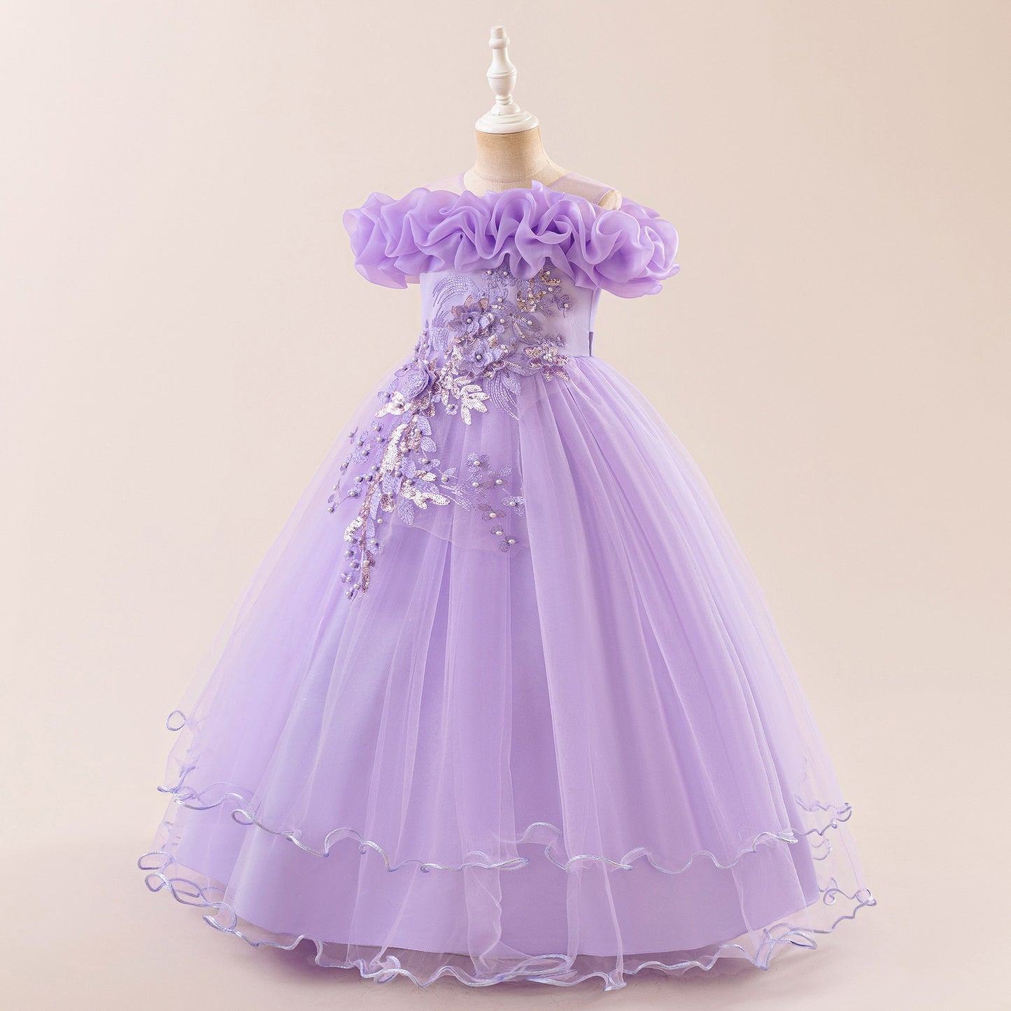 Off Shoulder A-line Tulle Princess Dress for Girls | Maxi Flower Girl Gown