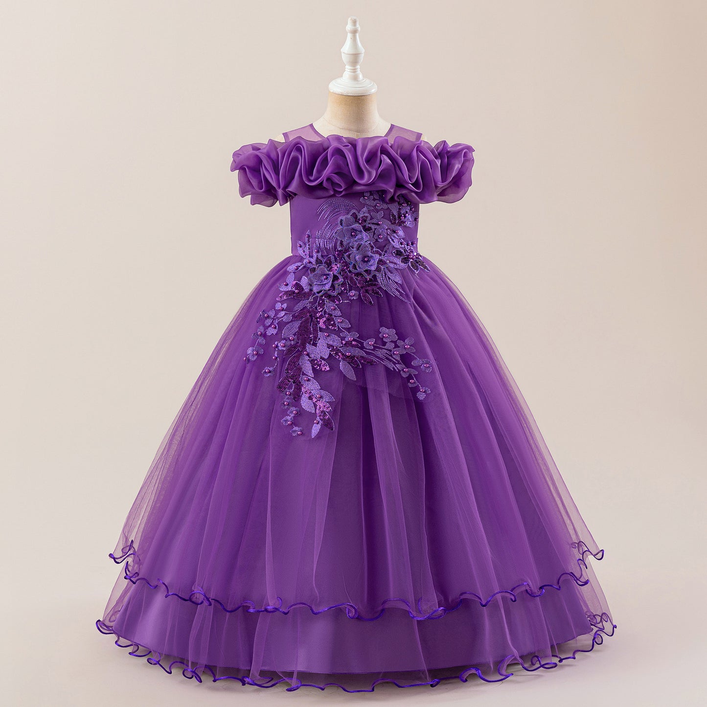 Off Shoulder A-line Tulle Princess Dress for Girls | Maxi Flower Girl Gown