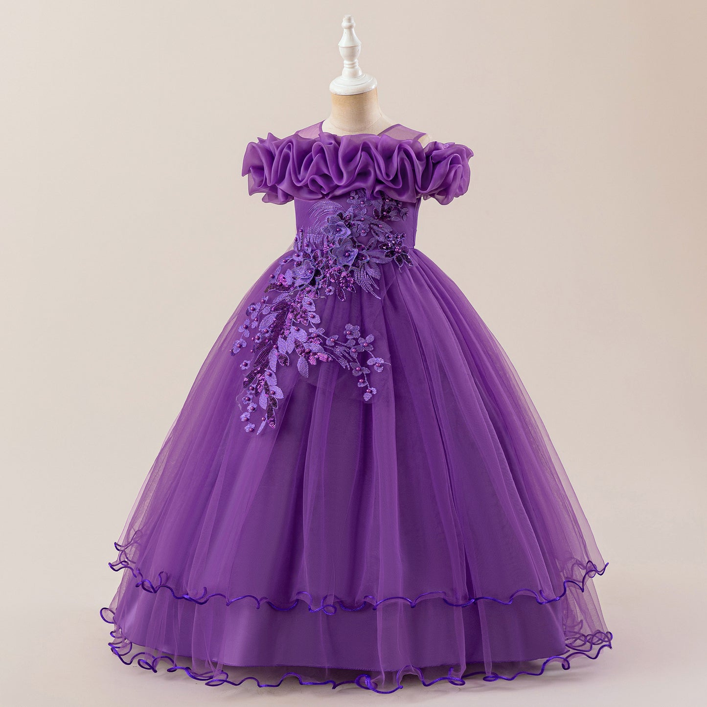 Off Shoulder A-line Tulle Princess Dress for Girls | Maxi Flower Girl Gown