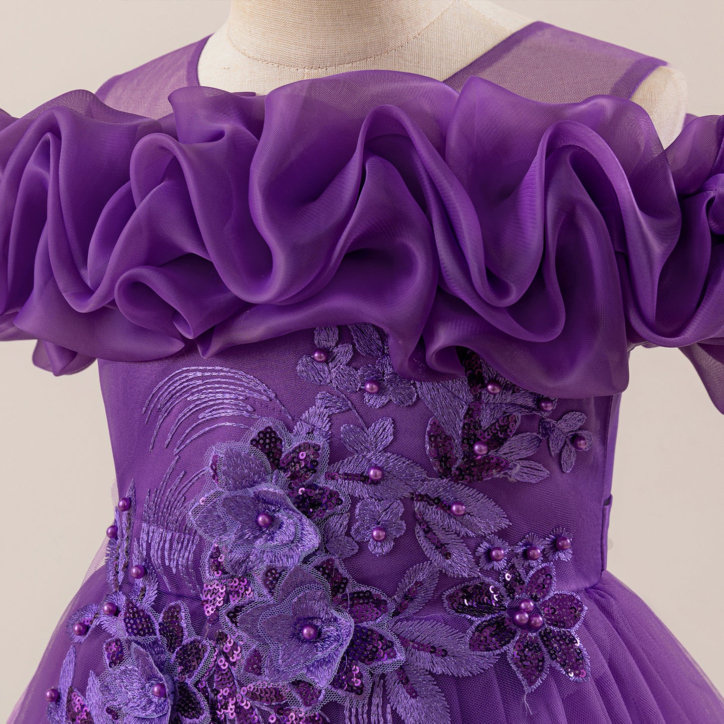Off Shoulder A-line Tulle Princess Dress for Girls | Maxi Flower Girl Gown