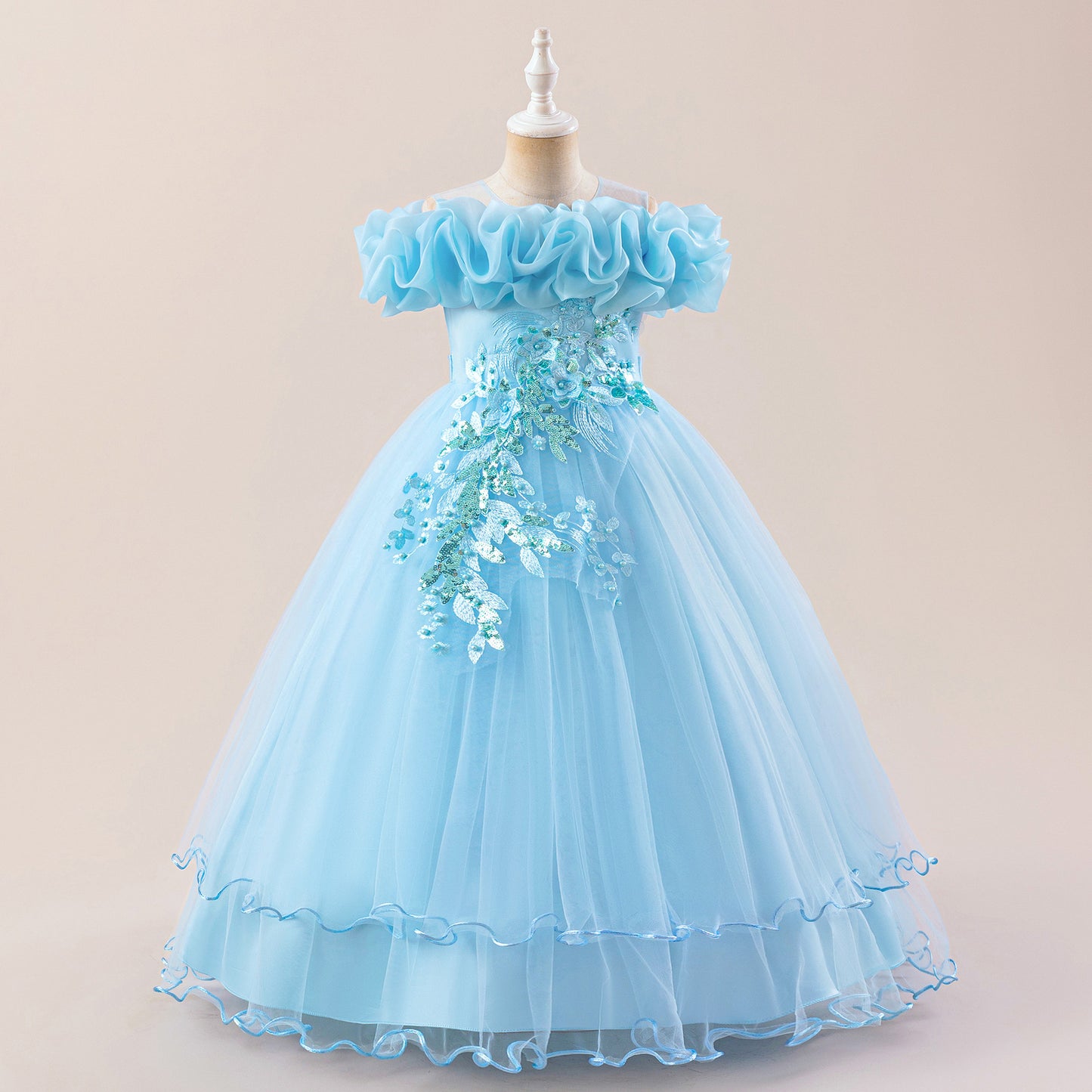 Off Shoulder A-line Tulle Princess Dress for Girls | Maxi Flower Girl Gown