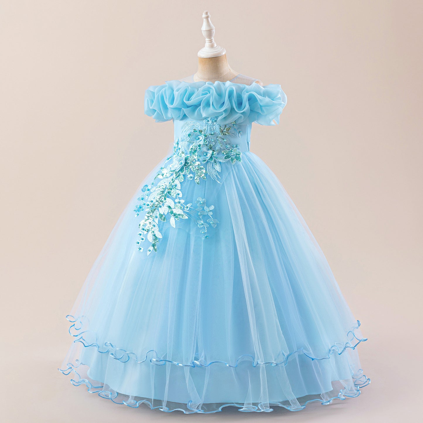 Off Shoulder A-line Tulle Princess Dress for Girls | Maxi Flower Girl Gown