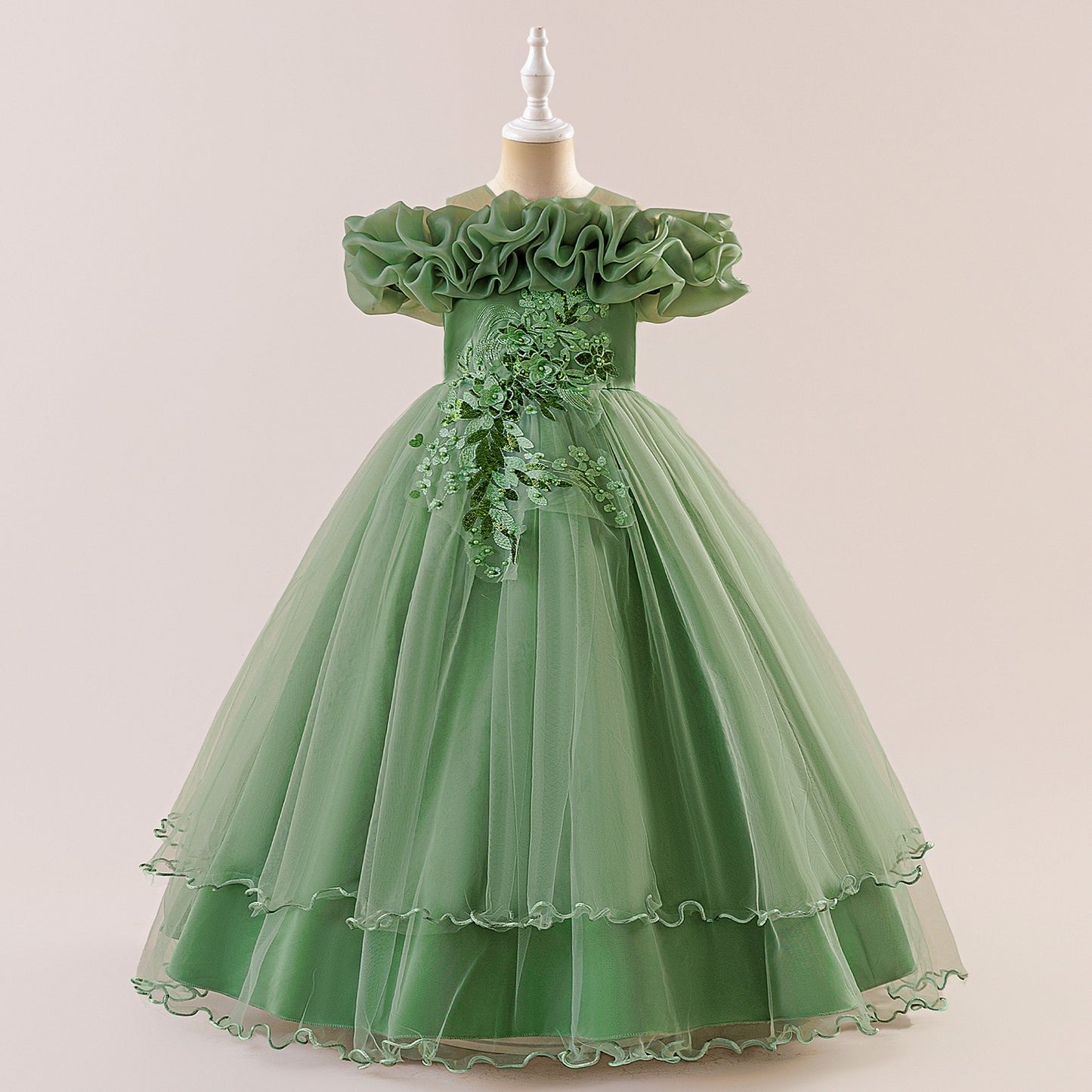 Off Shoulder A-line Tulle Princess Dress for Girls | Maxi Flower Girl Gown