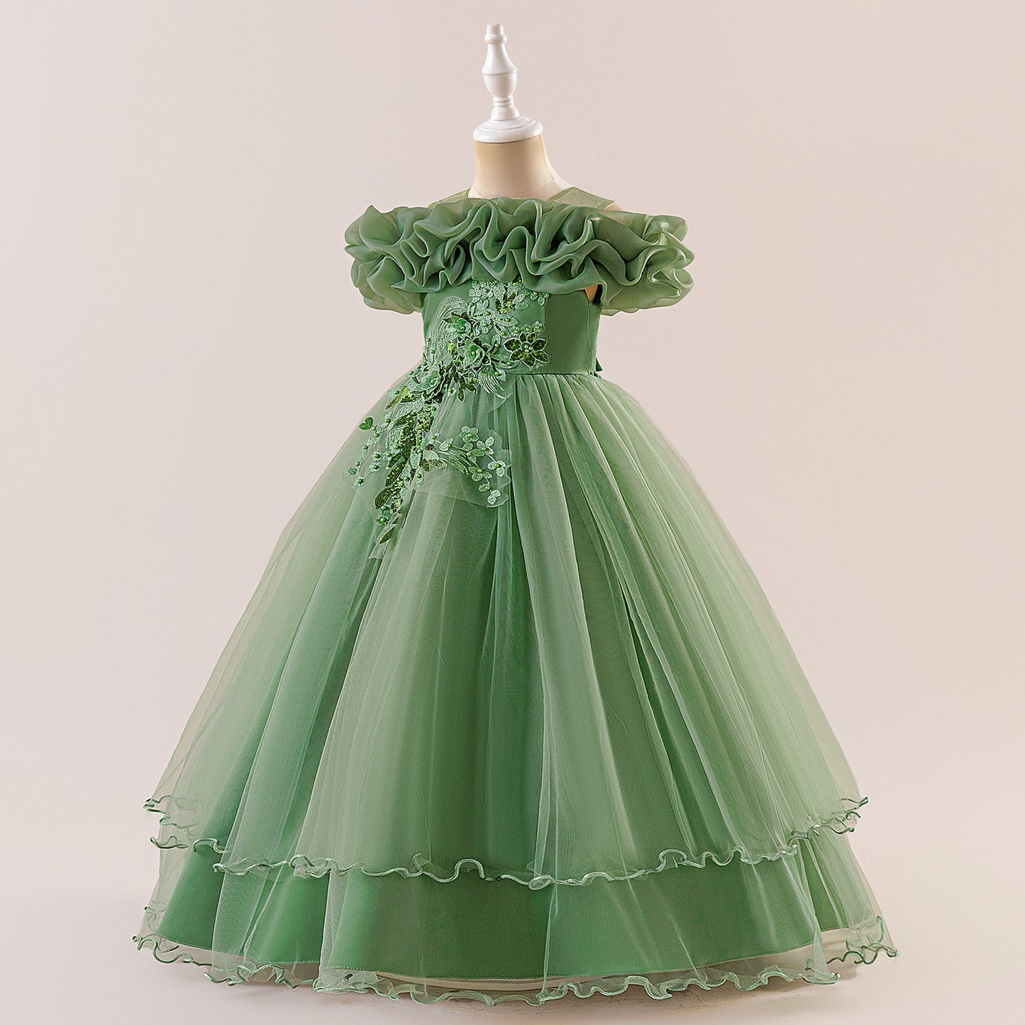 Off Shoulder A-line Tulle Princess Dress for Girls | Maxi Flower Girl Gown