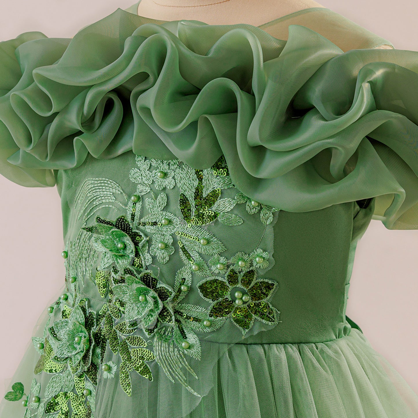 Off Shoulder A-line Tulle Princess Dress for Girls | Maxi Flower Girl Gown