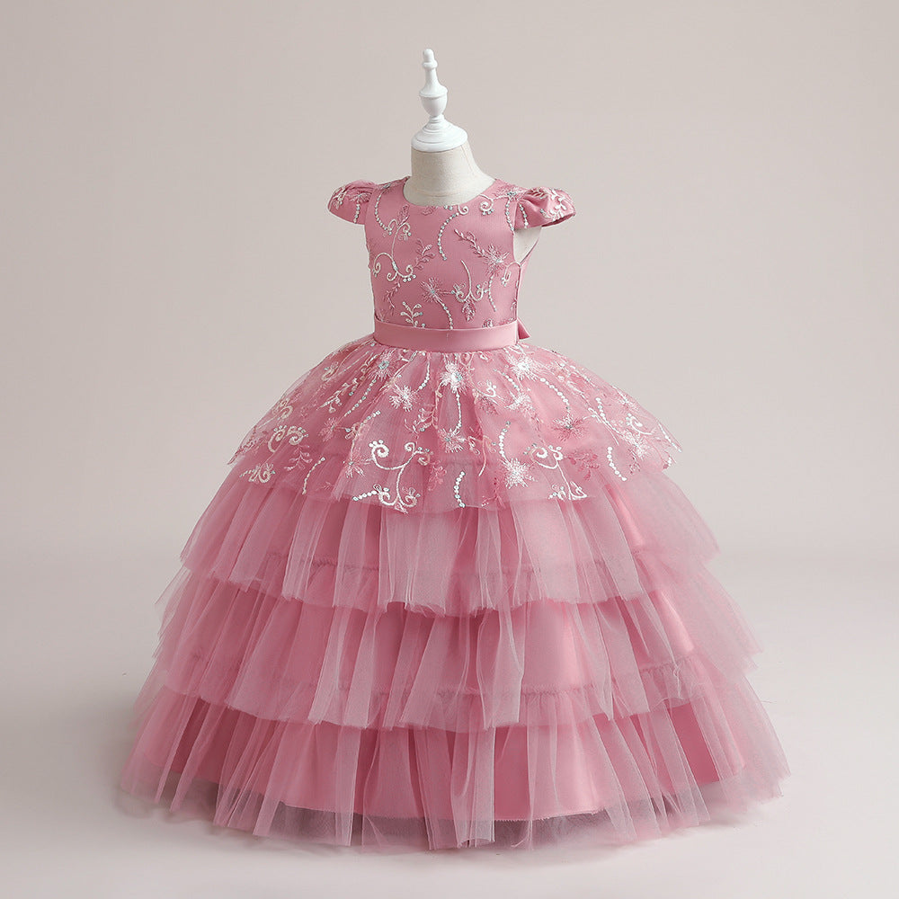 Girls Pink Embroidered Tiered Maxi Dress, Floor Length Tulle Party Gown