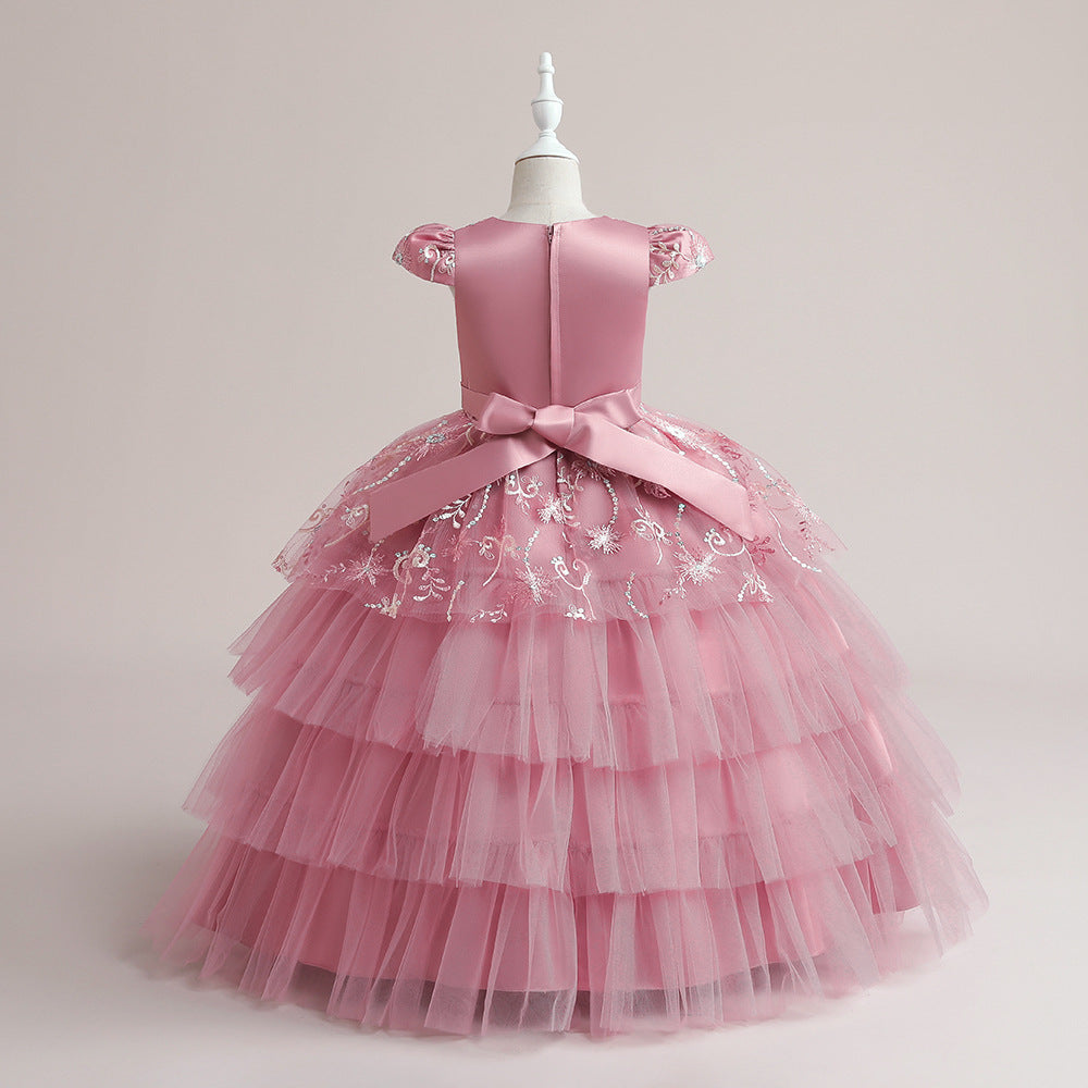 Girls Pink Embroidered Tiered Maxi Dress, Floor Length Tulle Party Gown