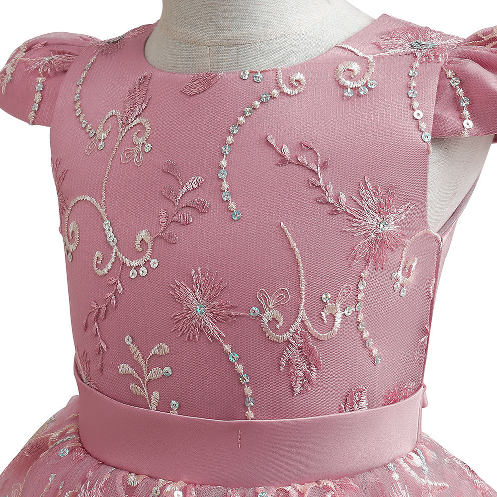 Girls Pink Embroidered Tiered Maxi Dress, Floor Length Tulle Party Gown