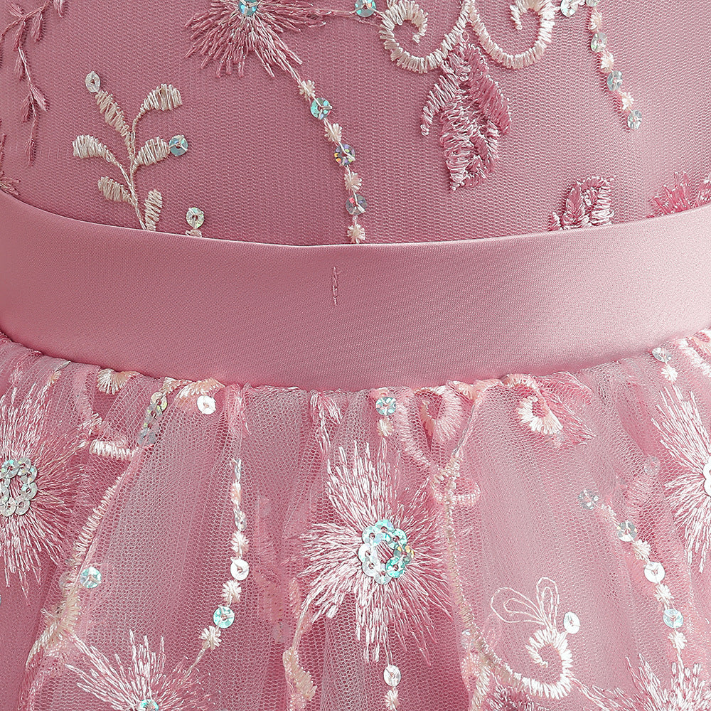Girls Pink Embroidered Tiered Maxi Dress, Floor Length Tulle Party Gown