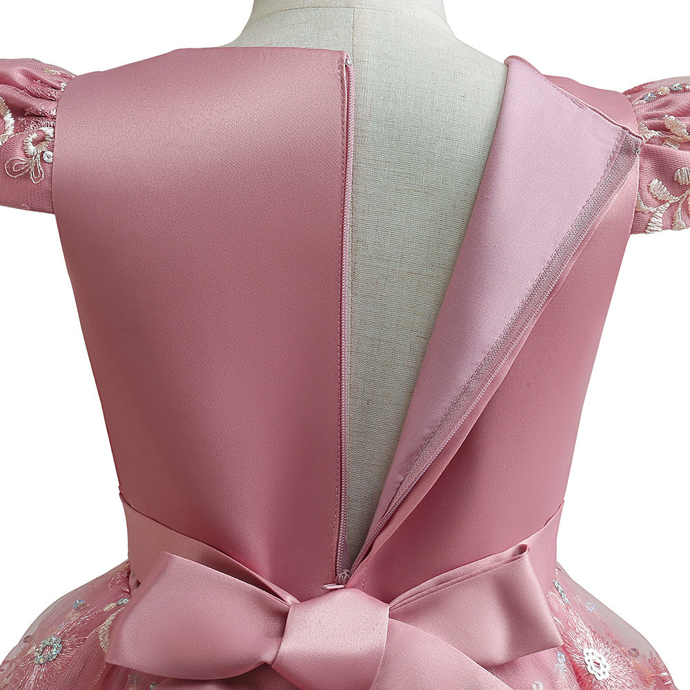 Girls Pink Embroidered Tiered Maxi Dress, Floor Length Tulle Party Gown