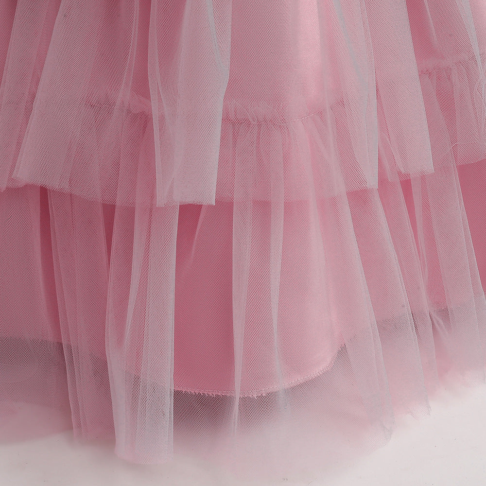 Girls Pink Embroidered Tiered Maxi Dress, Floor Length Tulle Party Gown