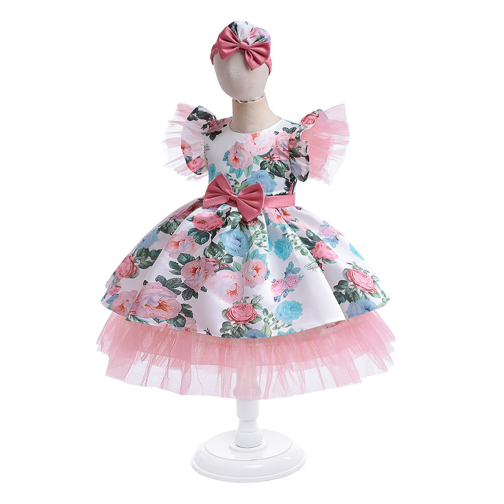 Pink Floral Princess A-Line Dress with Bow for Girls (3-8 Years) | Cute Party & Flower Girl Outfit