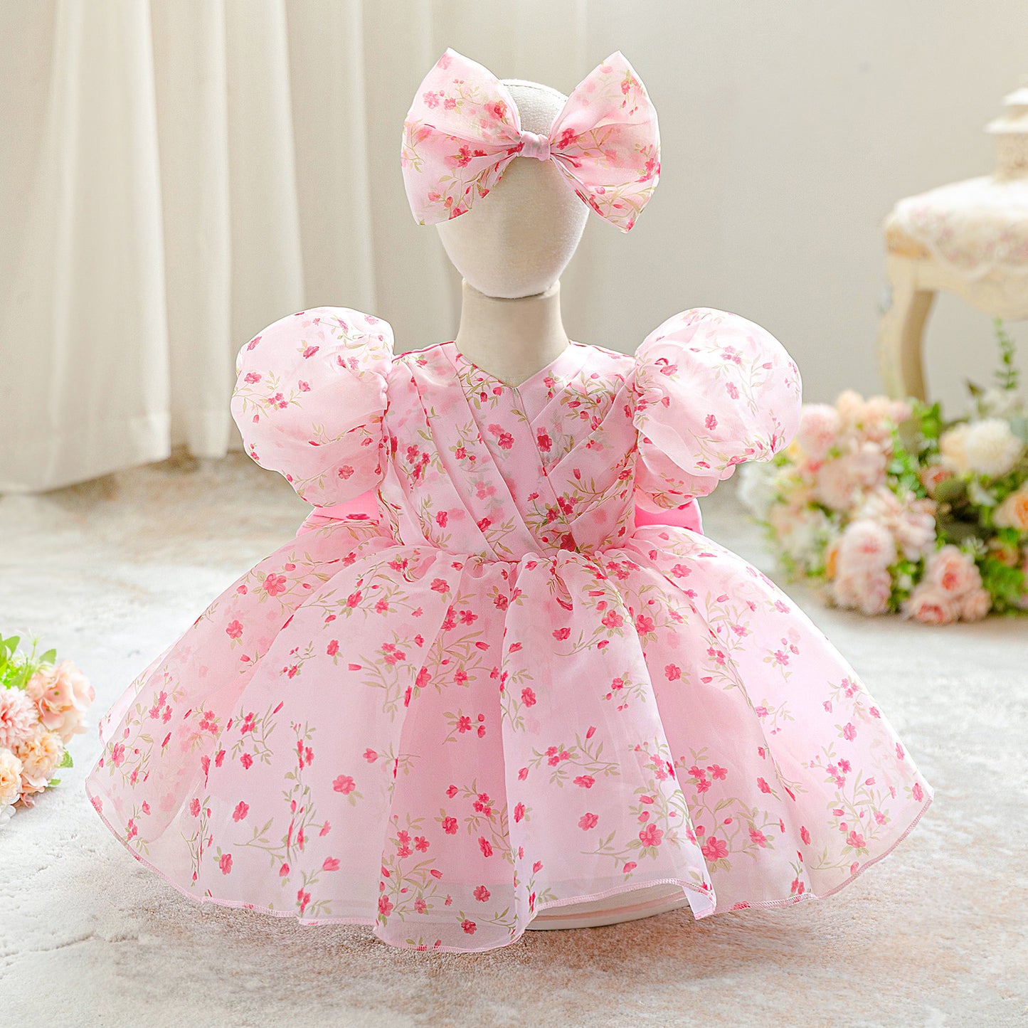 Pink Floral Tulle Princess Ball Gown for Baby Girls – Cute Puff Sleeve Dress