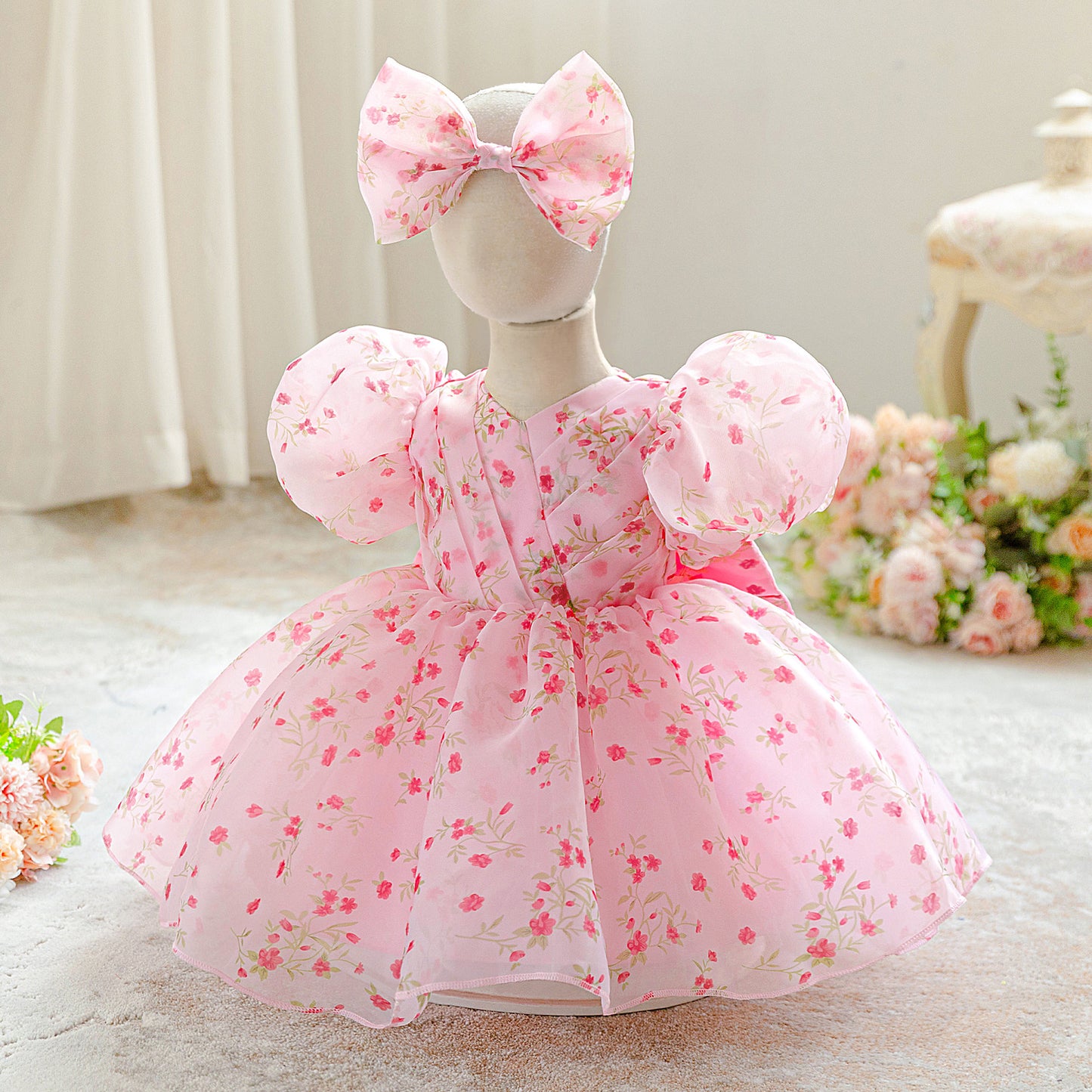 Pink Floral Tulle Princess Ball Gown for Baby Girls – Cute Puff Sleeve Dress