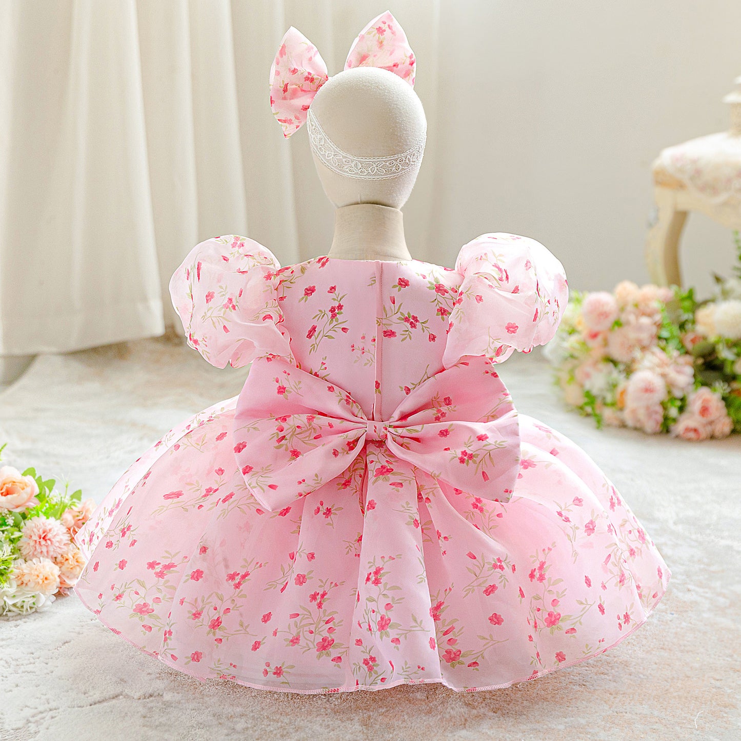 Pink Floral Tulle Princess Ball Gown for Baby Girls – Cute Puff Sleeve Dress