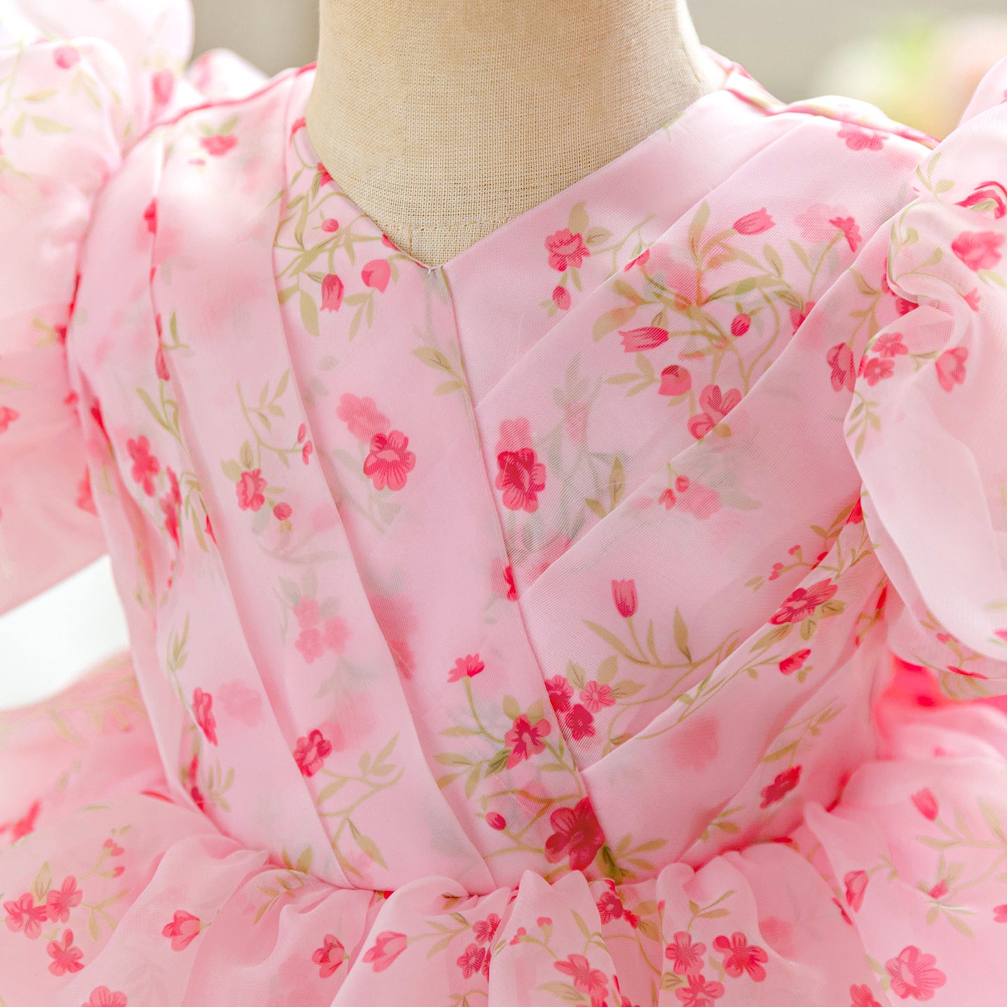 Pink Floral Tulle Princess Ball Gown for Baby Girls – Cute Puff Sleeve Dress