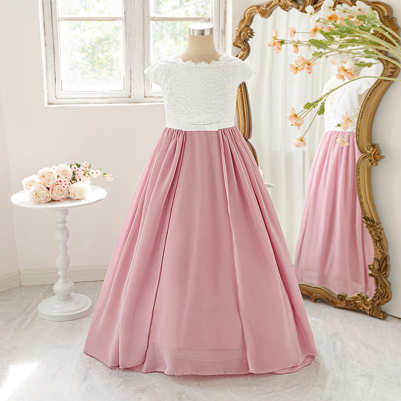 Cute Pink Lace Maxi Dress for Girls | Flutter Sleeve Chiffon Princess Gown